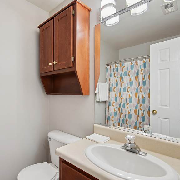 restroom with a sink and wooden cabinets