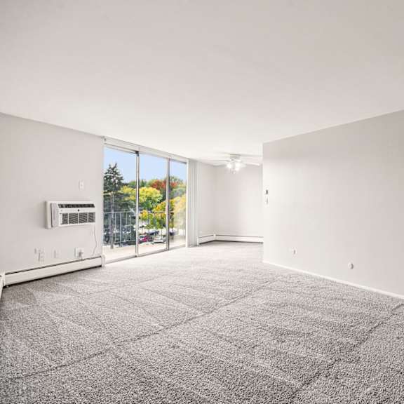 a large, empty room with a carpeted floor and a view of trees through a window.