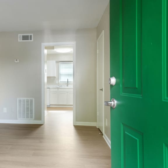 a room with a green door and a white wall.