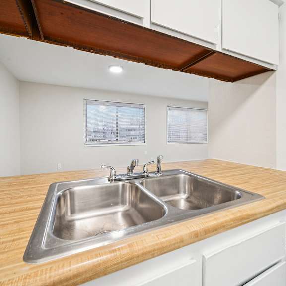 a kitchen with a double sink and wooden countertop.