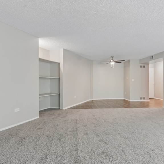 a spacious room with a grey carpet and white walls.