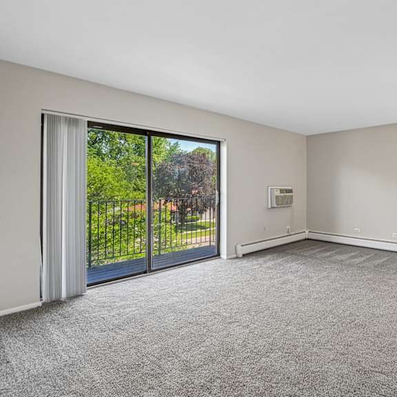 a room with a grey carpet and a sliding glass door.