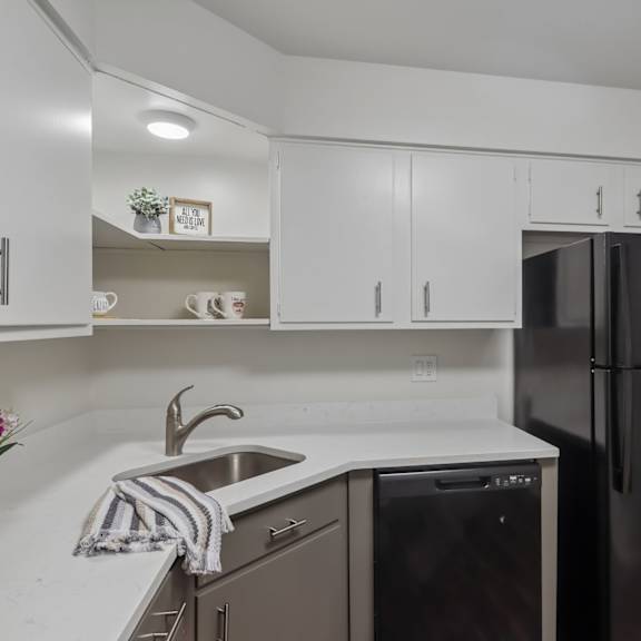 a kitchen with a black refrigerator and white cabinets.