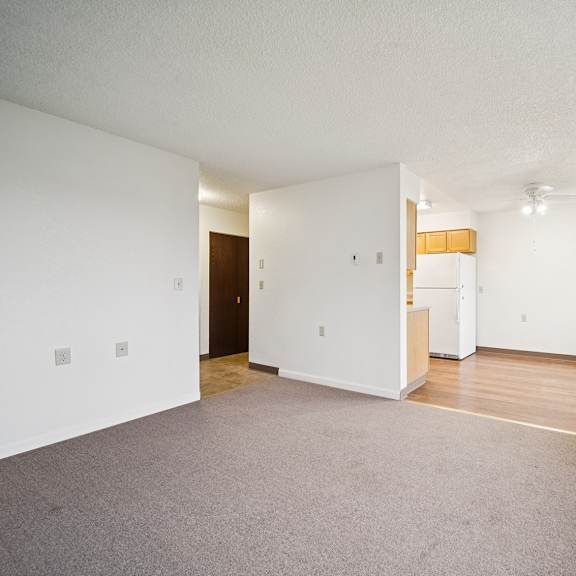 a large empty room with a carpeted floor and a window on the right side.