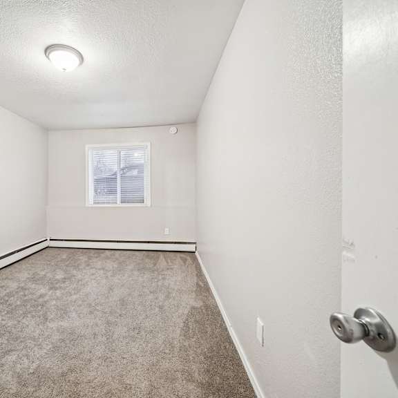 a room with a carpeted floor and a window.