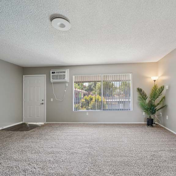 a room with a carpeted floor and a window with blinds.