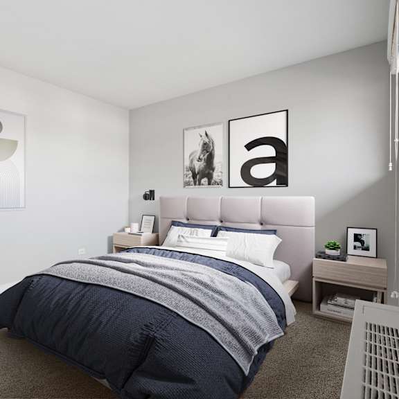 a bedroom with a bed, nightstand, and a plant.