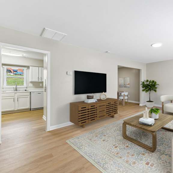 a living room with a couch, a coffee table, and a television.