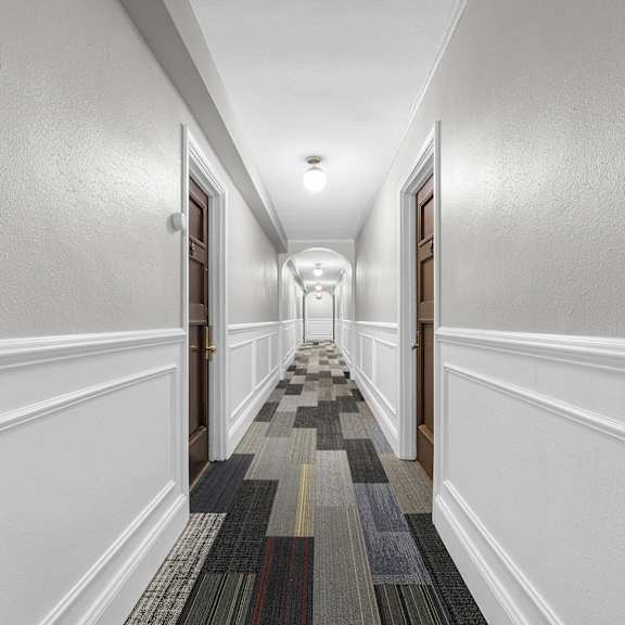 a long hallway with a striped carpet and white walls at pleasant oak apartments, illinois