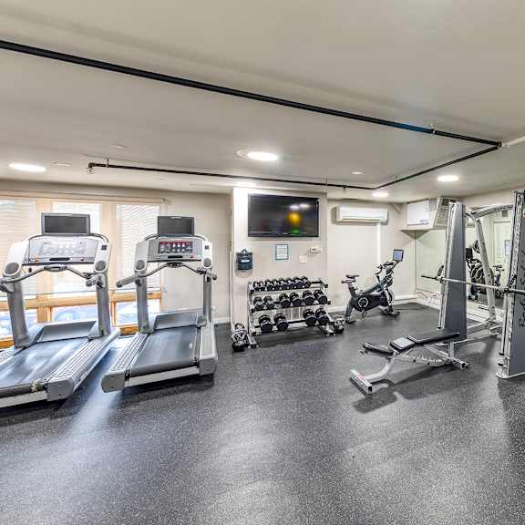 a spacious gym with a variety of equipment including treadmills, weights, and exercise machines. at oak park city, oak park, il