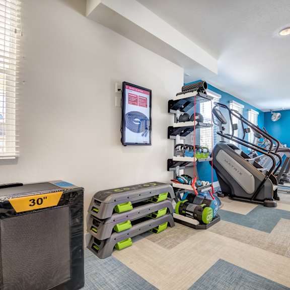a home gym with a treadmill and a television