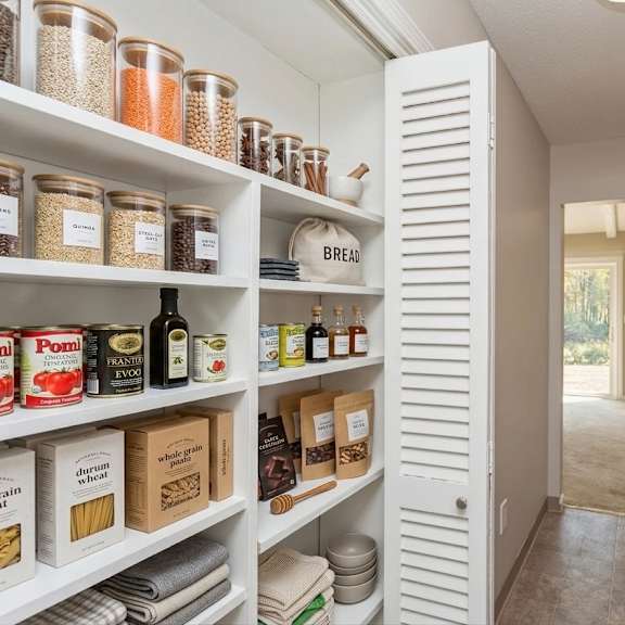 a kitchen pantry with white shelves and containers of food.