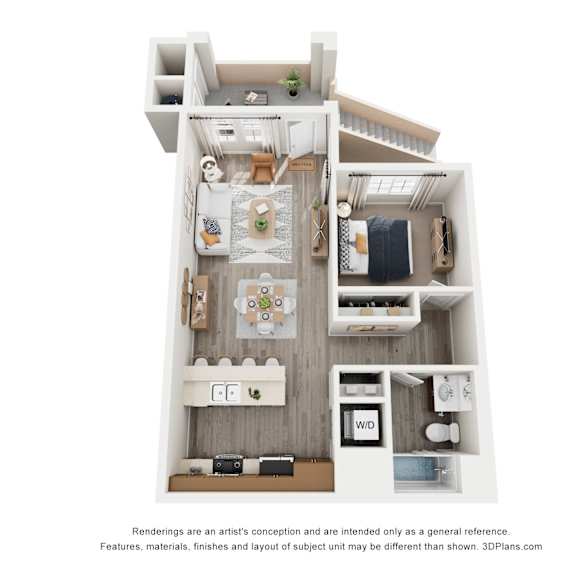 Thumbnail 1 of 2 A 3D floor plan of a small apartment with a kitchen, living room, and bathroom.