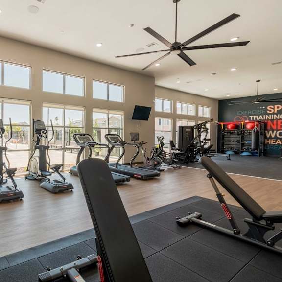 a gym with a variety of exercise equipment including treadmills, stationary bikes, and weight machines.