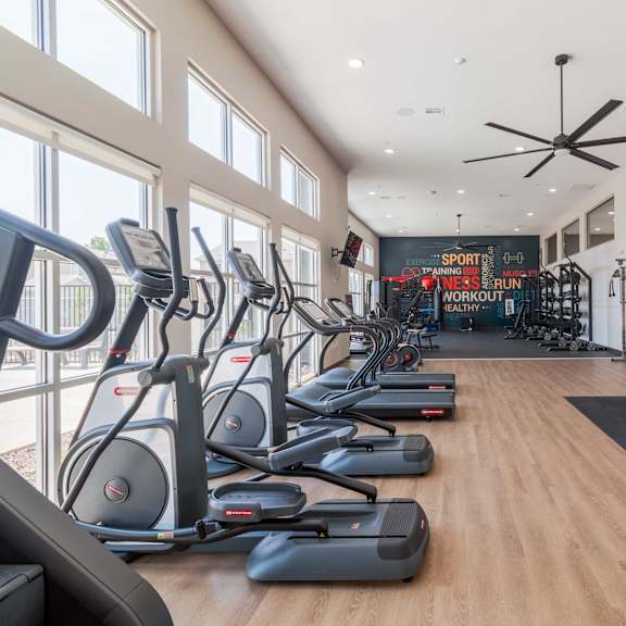 a gym with treadmills and elliptical machines.