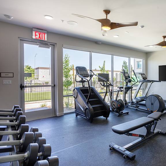 a gym with a variety of equipment including treadmills, weights, and a television.