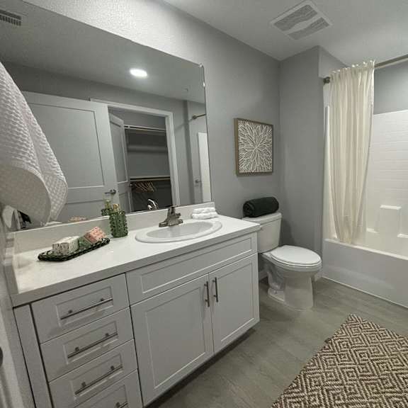 a bathroom with a sink and a shower and a toilet