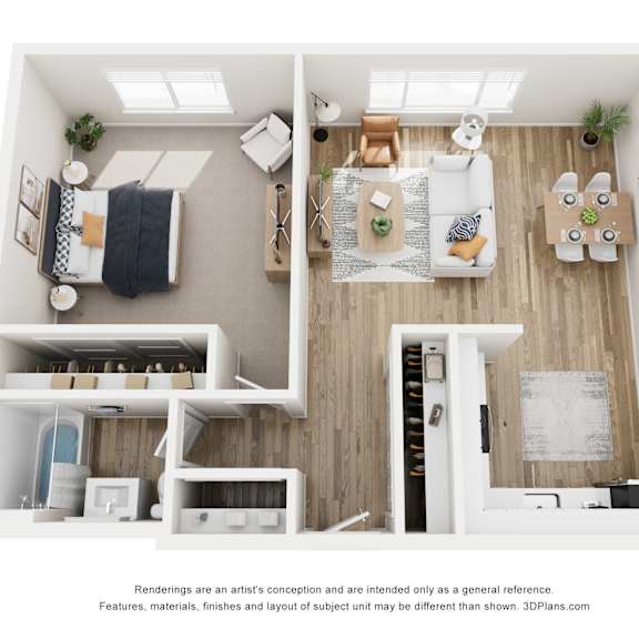 Thumbnail 1 of 2 A top-down view of a modern, minimalist apartment with a kitchen, living room, and bedroom.