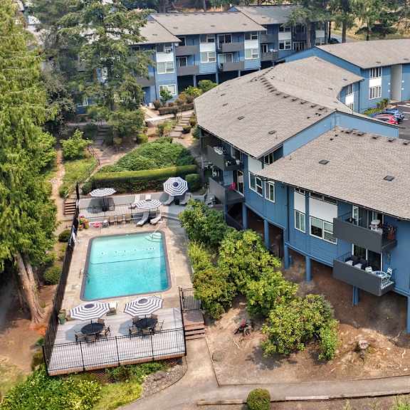a blue house with a pool in the backyard.