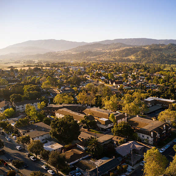 a view of the city of palm springs from above at oak park apartments, solvang, california