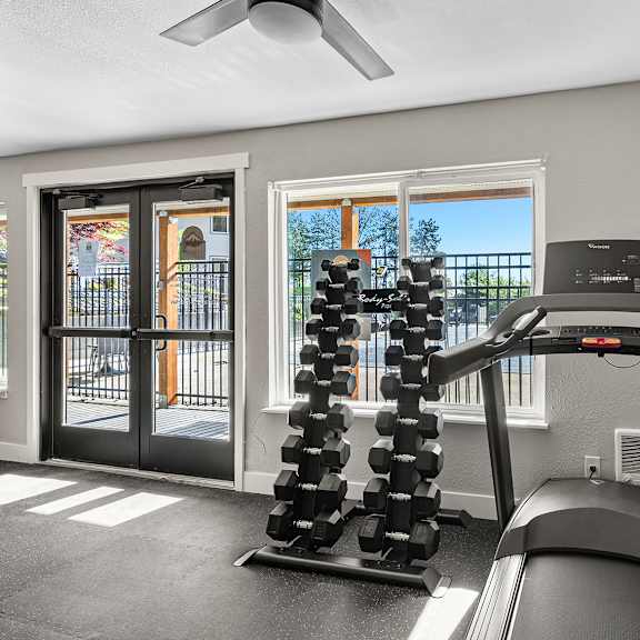 a treadmill and a set of dumbbells are in a home gym.