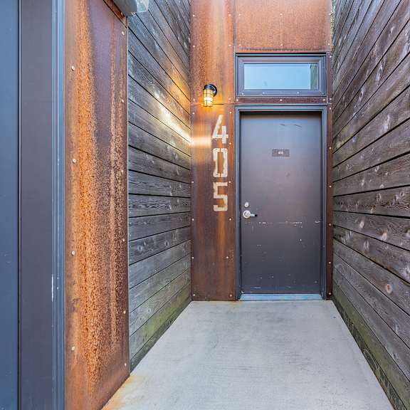 modern apartment entrance with unit number 405 at brooklyn yard apartments, portland, oregon