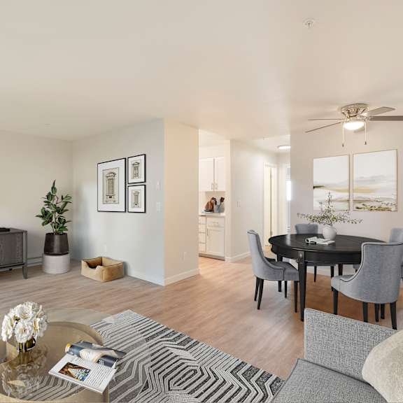 a living room with a grey sofa and a glass coffee table.