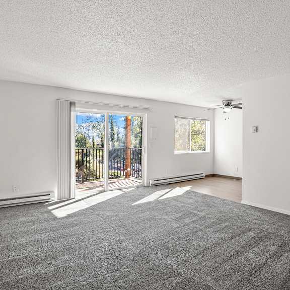 large living room with a view of the dining room