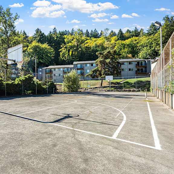 a basketball court is surrounded by trees and buildings.
