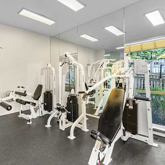 a gym with a variety of equipment including a leg press machine and a chest press machine.
