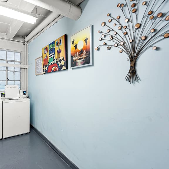 laundry room with blue walls and decorative art