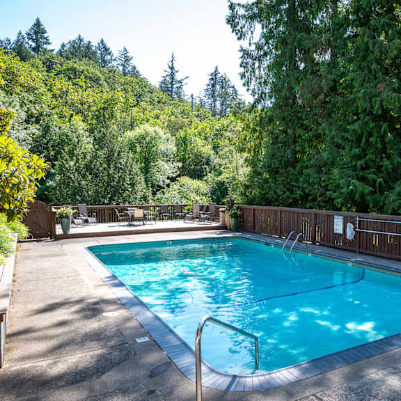 swimming pool with relaxing sundecks by a wooden fence and trees at timberlee, portland, or, 97221