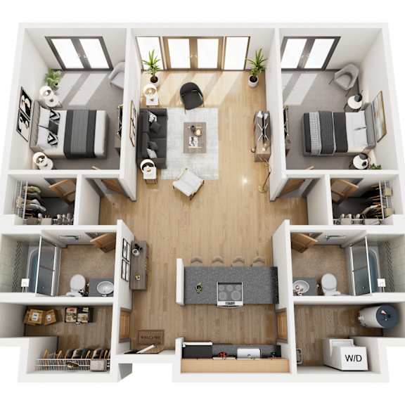 Thumbnail 1 of 9 A top-down view of a small apartment layout with a living room, kitchen, and bedrooms.