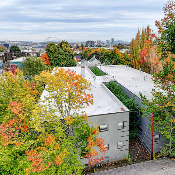 a building surrounded by trees with autumn leaves.