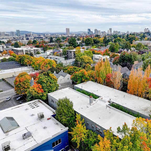 a view of a city from above with buildings and trees in the foreground.