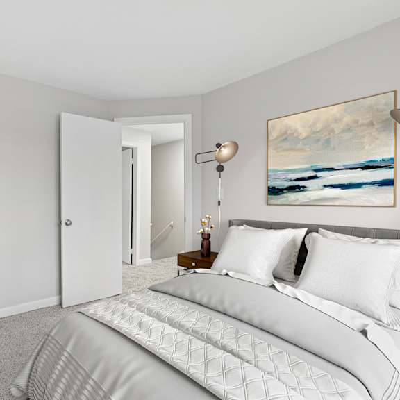 a bedroom with a large bed and a painting on the wall.