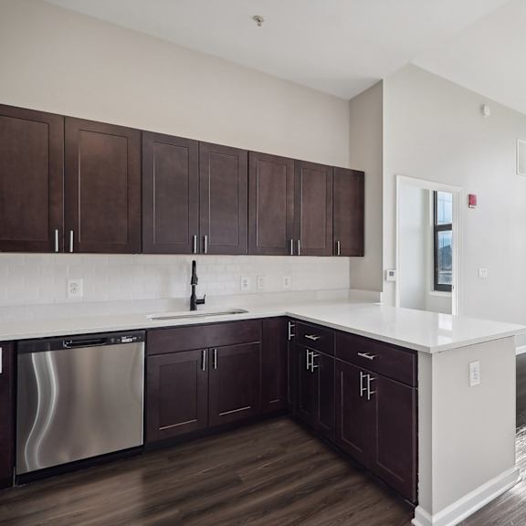 kitchen with dark brown cabinets, stainless steel appliances and large window