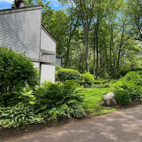 a large rock is in the middle of a driveway surrounded by green plants.
