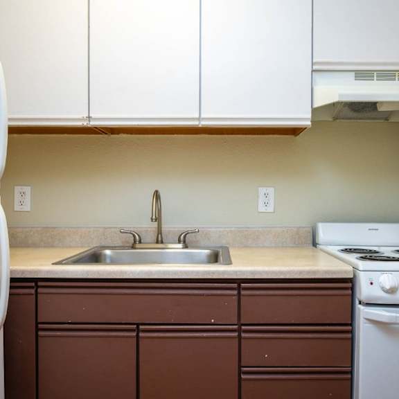 kitchen interior view at maurice dear apartments, portland, 97205