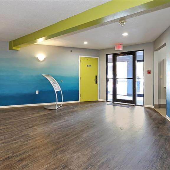 interior white and blue design at twelve 501 apartment homes, burnsville, 55337