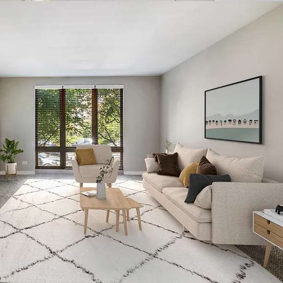 a living room with a couch, chair, and a rug. at oak park city, illinois, 60301