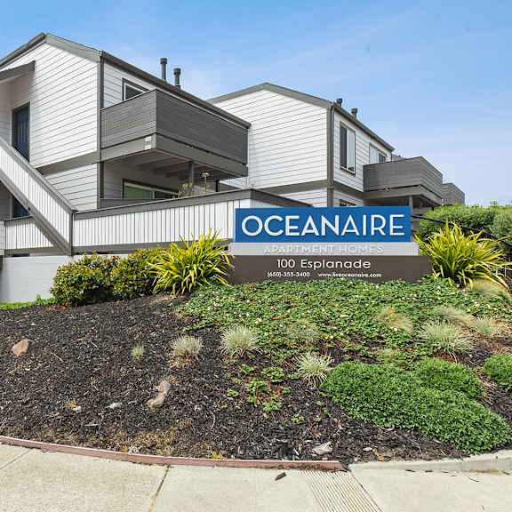 monument sign of oceanaire and apartment building  at oceanaire apartment homes, pacifica, california