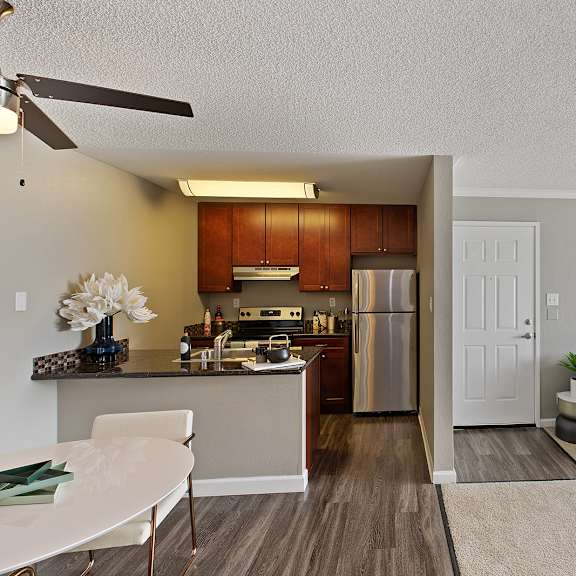 apartment interior with view of living room and kitchen  at oceanaire apartment homes, pacifica, ca, 94044
