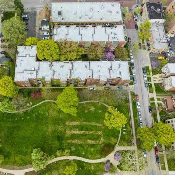 an aerial view of a neighborhood with houses and trees at the bryant at oak park i & ii, oak park illinois