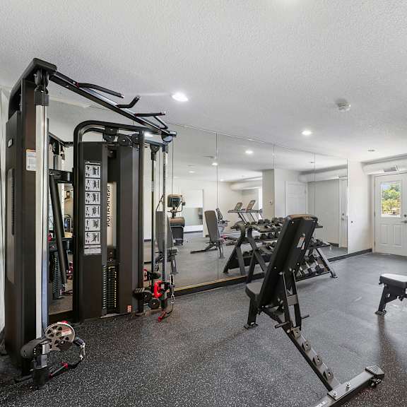 a gym with a variety of equipment including a squat rack, a leg press machine, and a bench press.