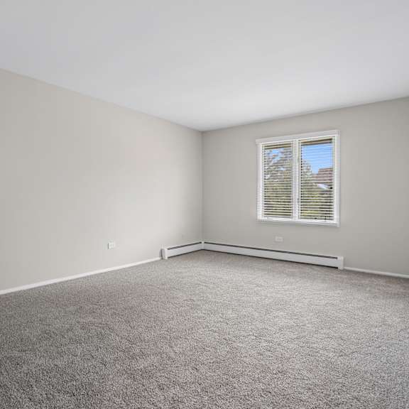 a room with a carpeted floor and a window with blinds.