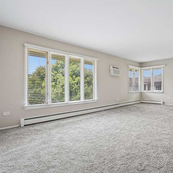 a room with a carpeted floor and two windows.