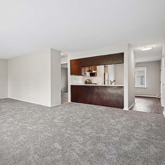 a spacious room with a grey carpet and white walls.
