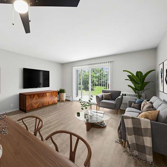 a modern living room with a wooden dining table and brown chairs.