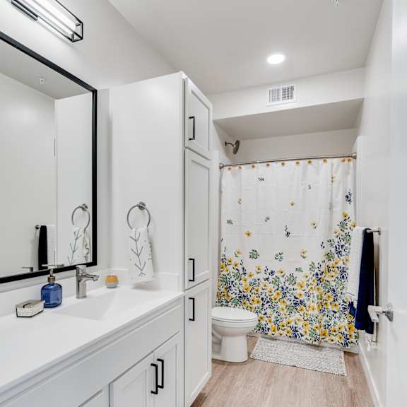 a white bathroom with a floral shower curtain. at the shale, minneapolis, mn